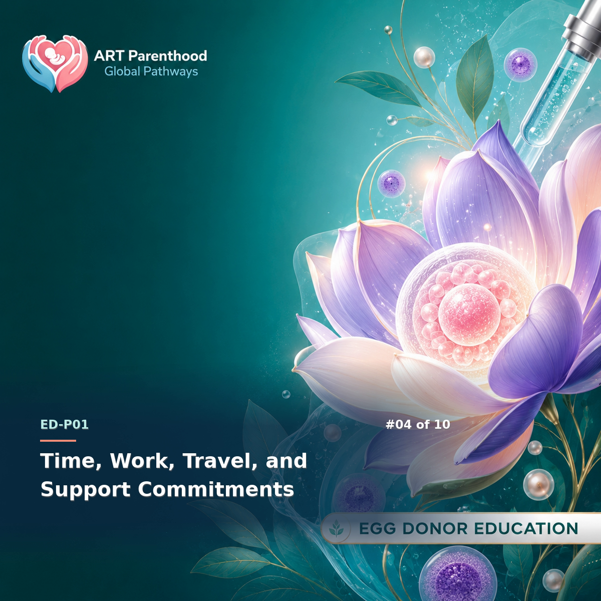 Egg Donors education card for ED-LP01-04: Time, Work, Travel, and Support Commitments.