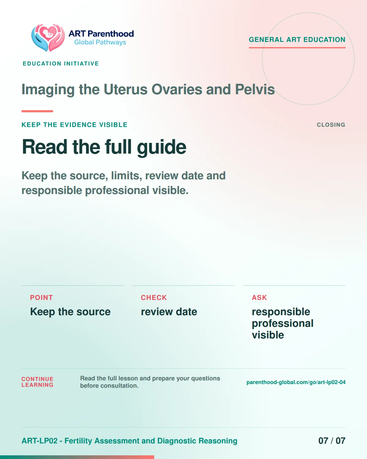 Slide 7 of ART-LP02-04 presents an accessible process map for imaging the uterus ovaries and pelvis and its decision boundaries.