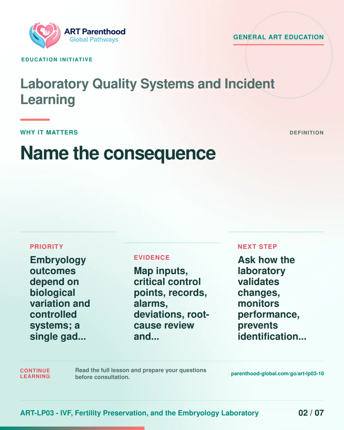 Slide 2 of ART-LP03-10 presents an accessible process map for laboratory quality systems and incident learning and its decision boundaries.