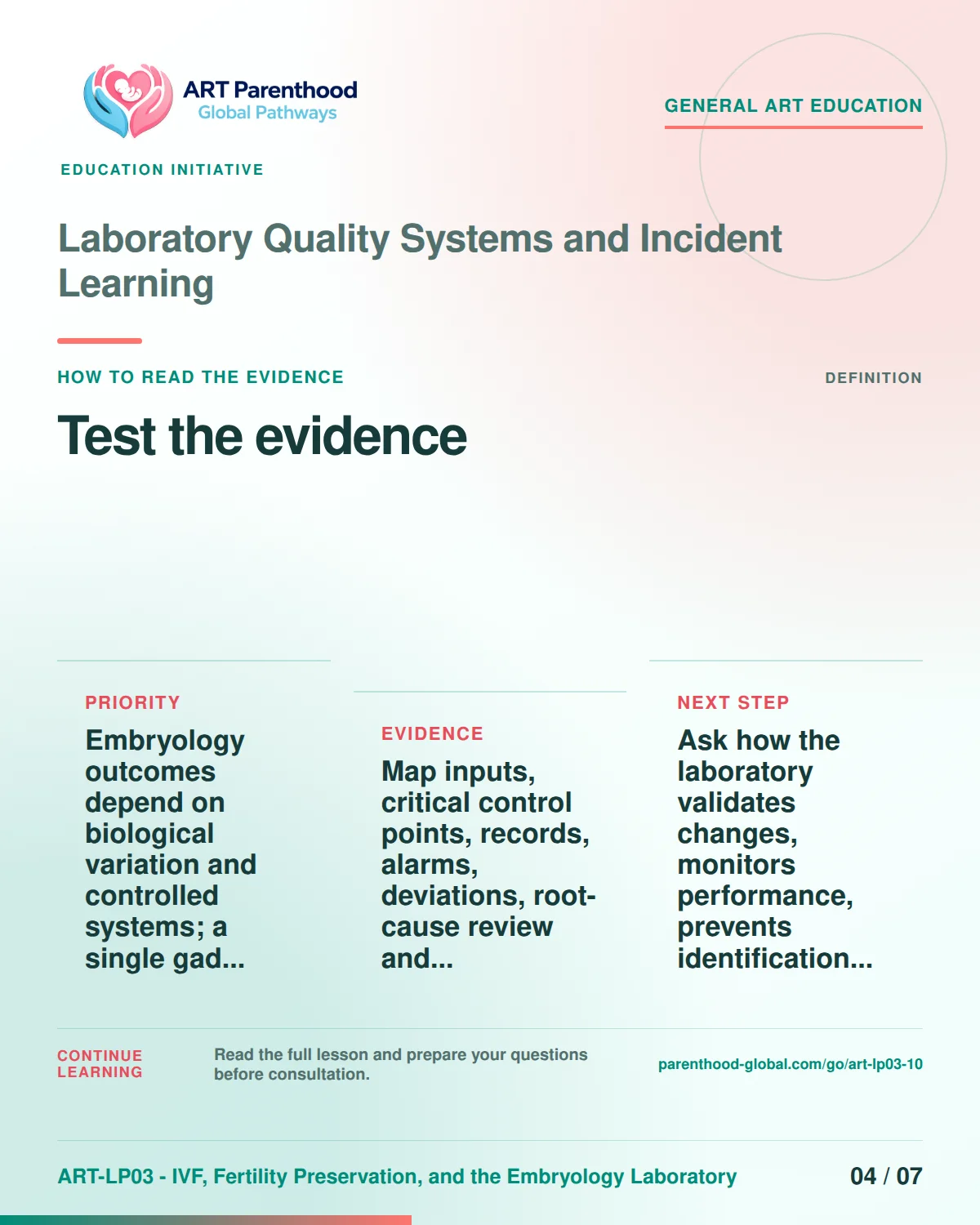 Slide 4 of ART-LP03-10 presents an accessible process map for laboratory quality systems and incident learning and its decision boundaries.