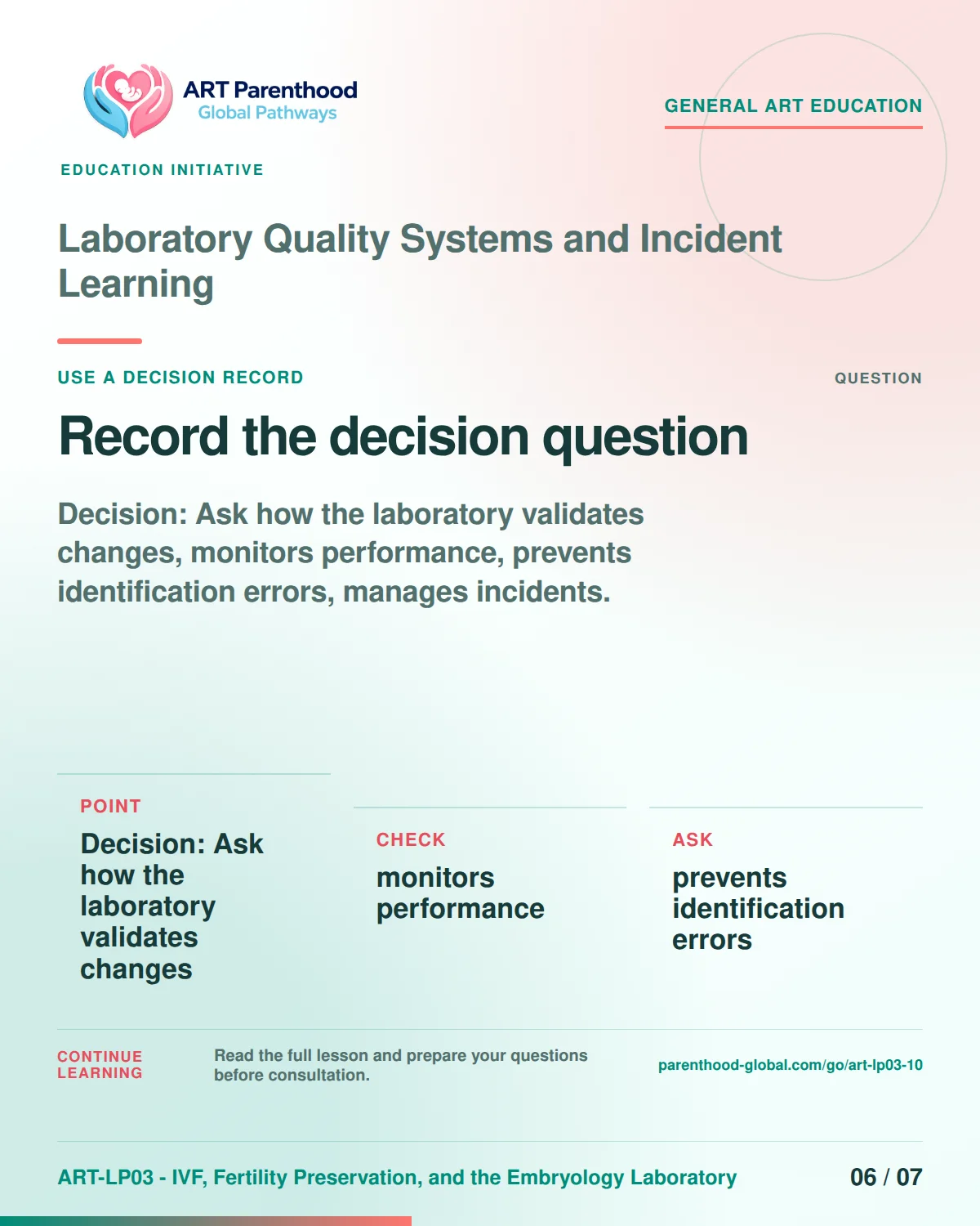 Slide 6 of ART-LP03-10 presents an accessible process map for laboratory quality systems and incident learning and its decision boundaries.