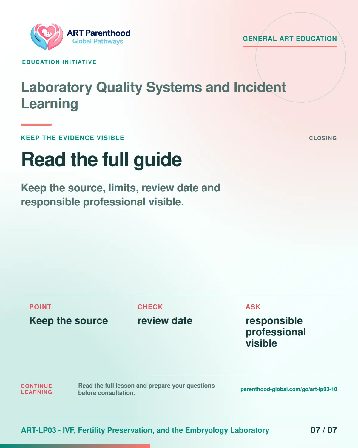 Slide 7 of ART-LP03-10 presents an accessible process map for laboratory quality systems and incident learning and its decision boundaries.