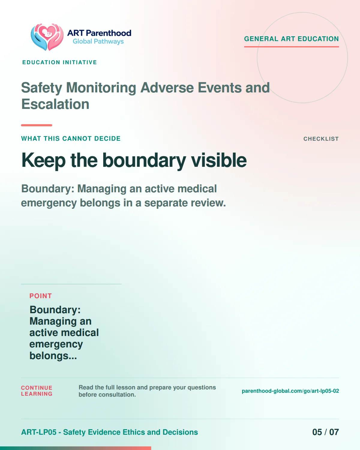 Slide 5 of ART-LP05-02 presents an accessible process map for safety monitoring adverse events and escalation and its decision boundaries.