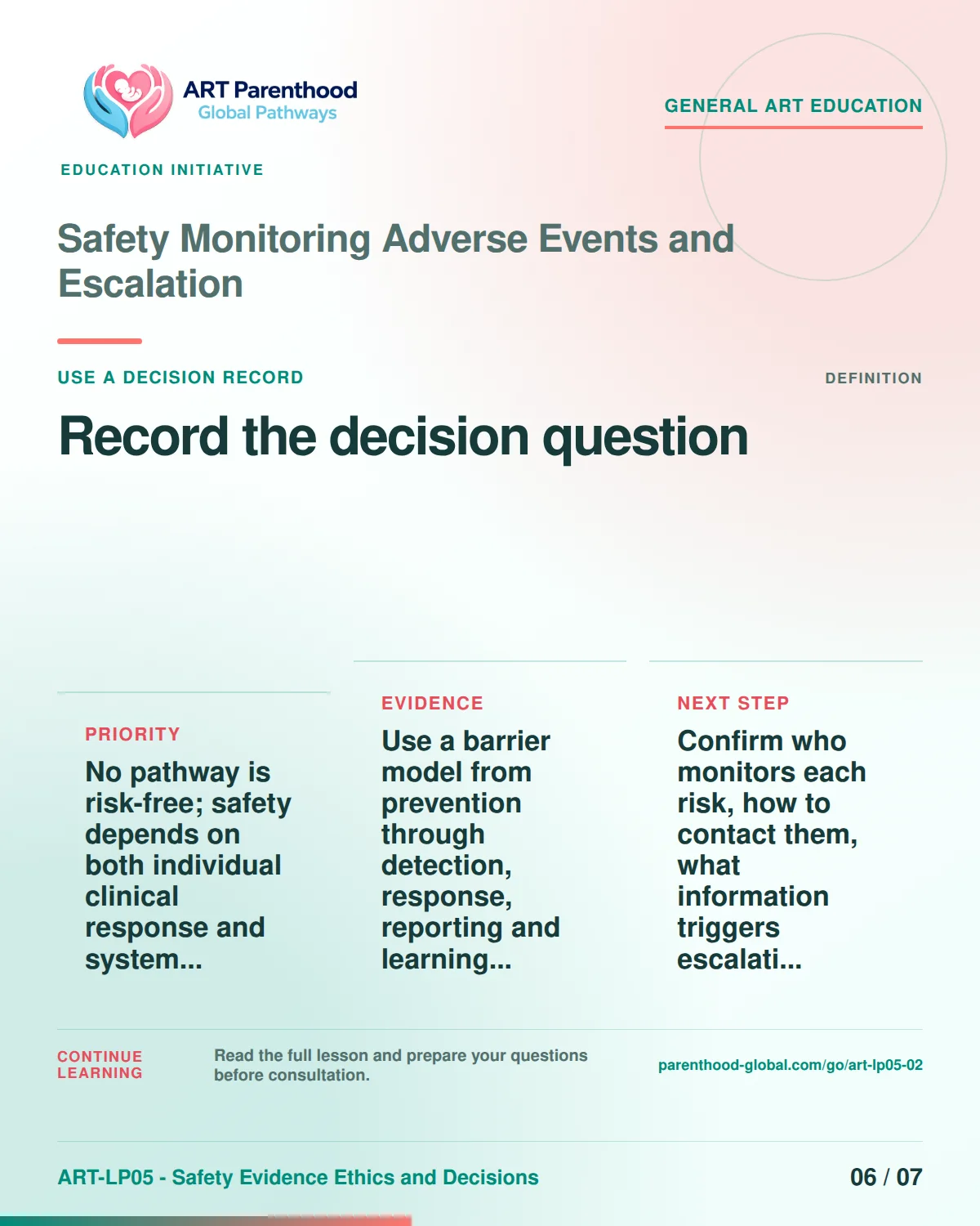 Slide 6 of ART-LP05-02 presents an accessible process map for safety monitoring adverse events and escalation and its decision boundaries.