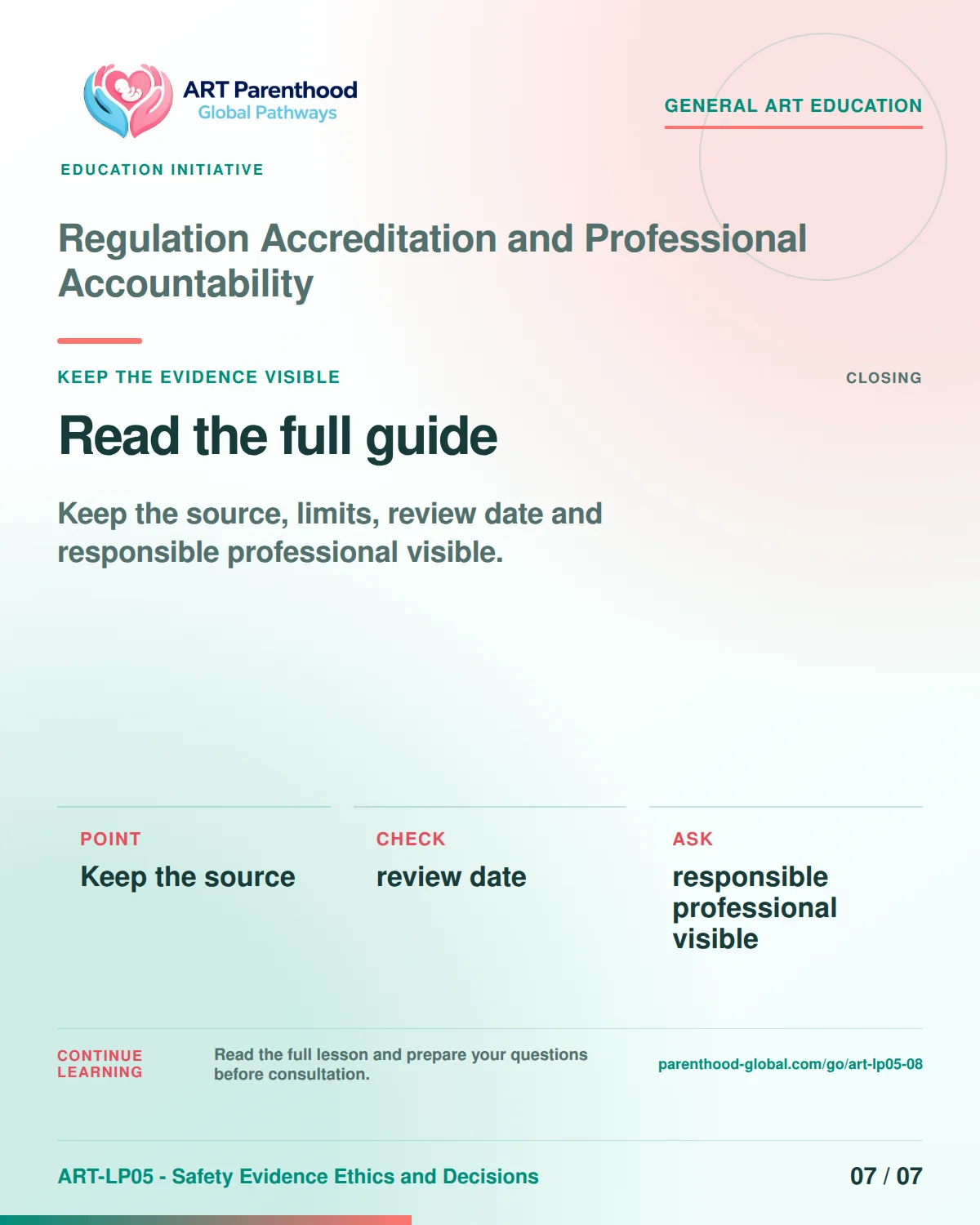 Slide 7 of ART-LP05-08 presents an accessible process map for regulation accreditation and professional accountability and its decision boundaries.