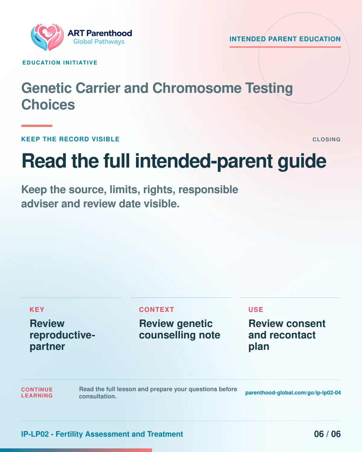 Slide 6 of six for intended parents about Genetic Carrier and Chromosome Testing Choices: Save the record and unanswered questions.