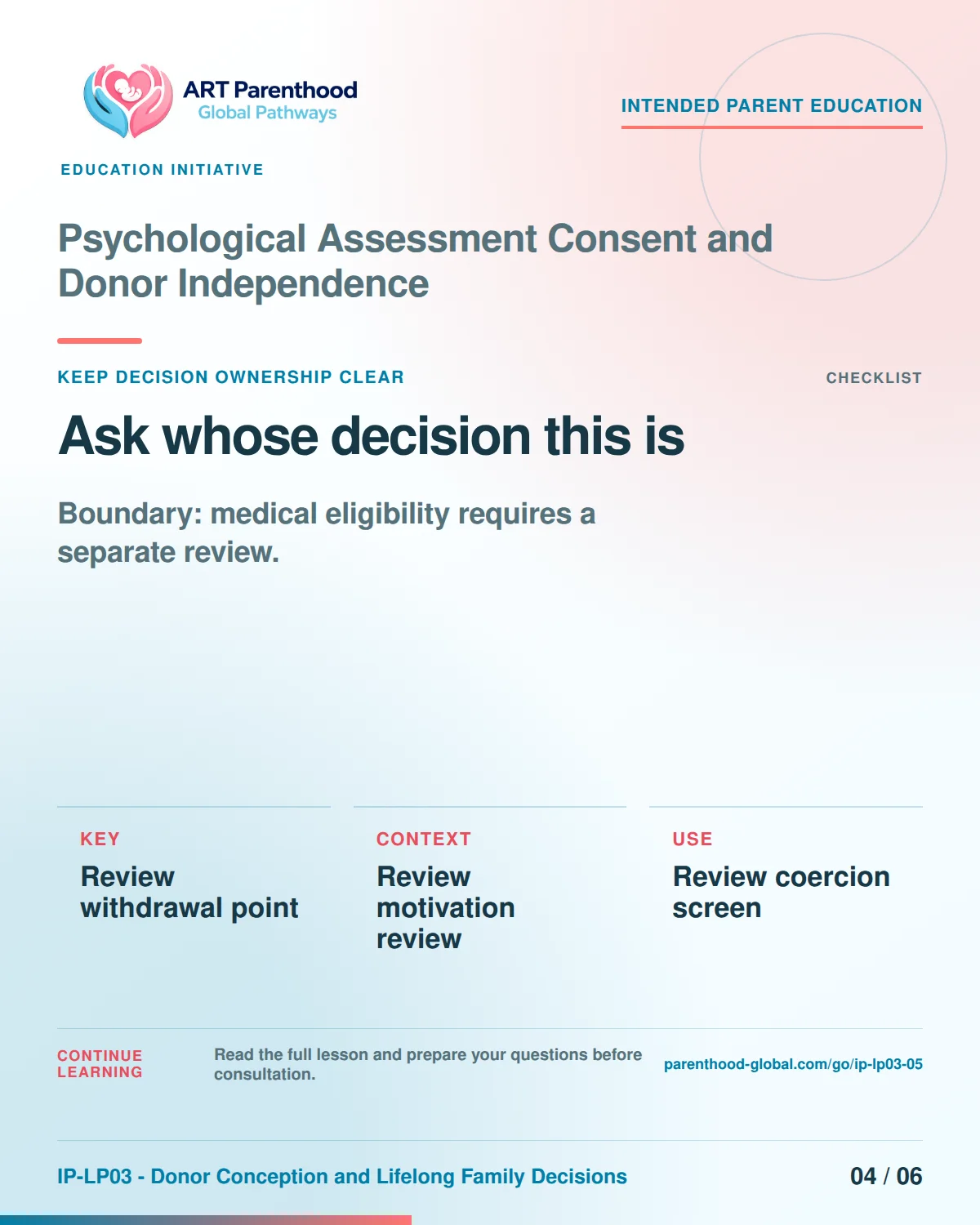 Slide 4 of six for intended parents about Psychological Assessment Consent and Donor Independence: Coordination does not transfer authority.