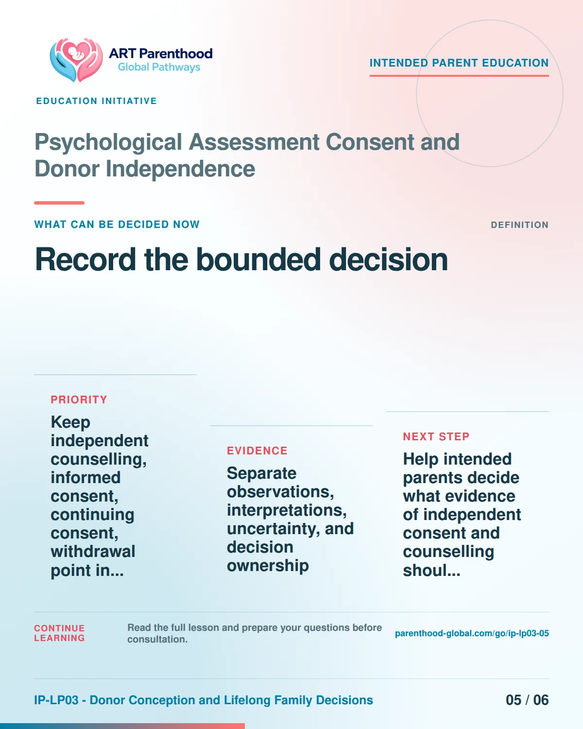 Slide 5 of six for intended parents about Psychological Assessment Consent and Donor Independence: Proceed, condition, pause, review, or stop.