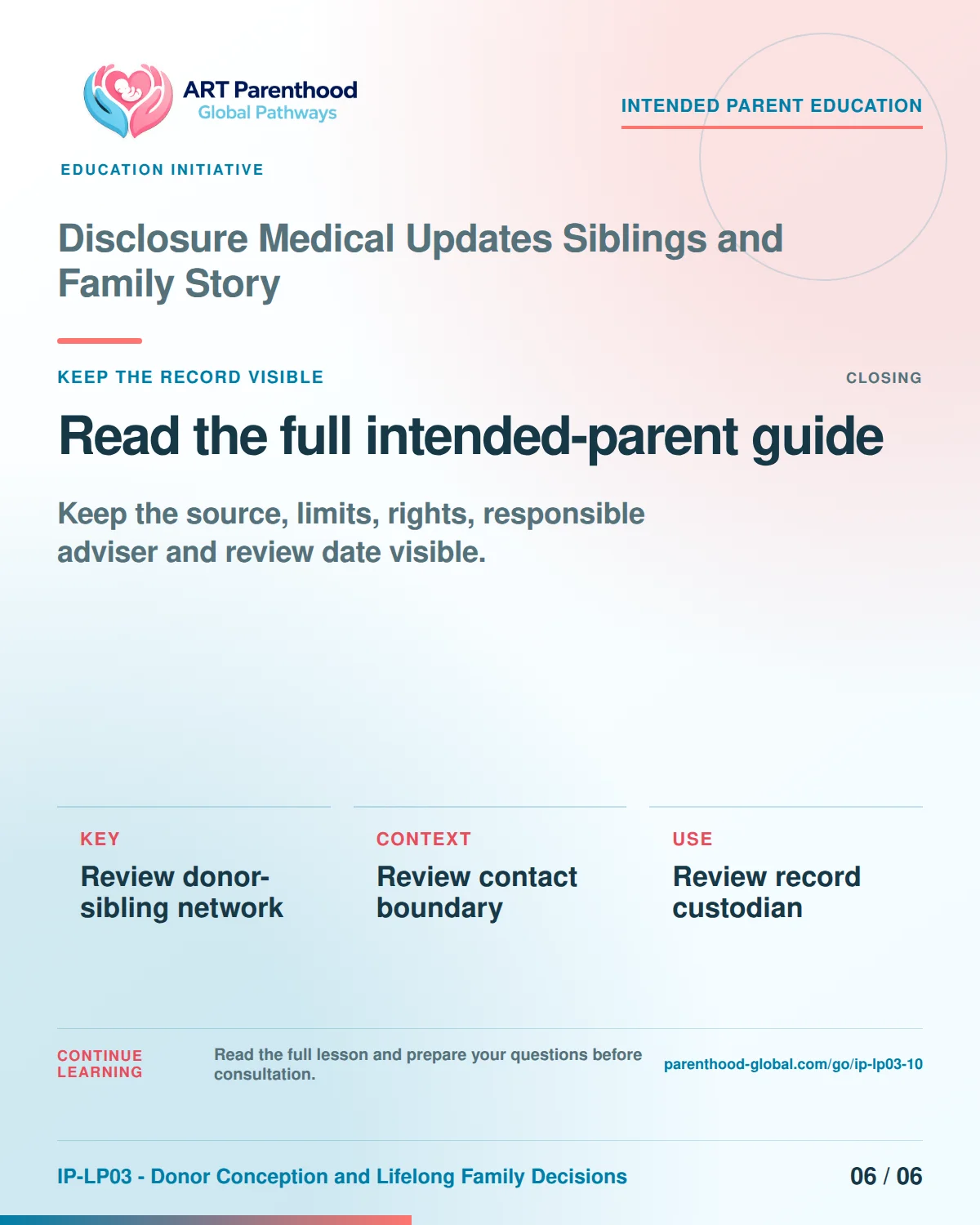 Slide 6 of six for intended parents about Disclosure Medical Updates Siblings and Family Story: Save the record and unanswered questions.
