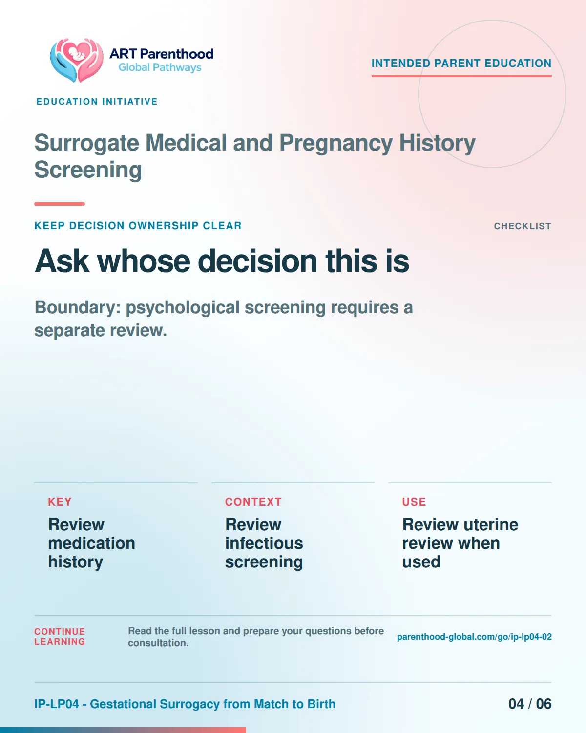 Slide 4 of six for intended parents about Surrogate Medical and Pregnancy History Screening: Coordination does not transfer authority.