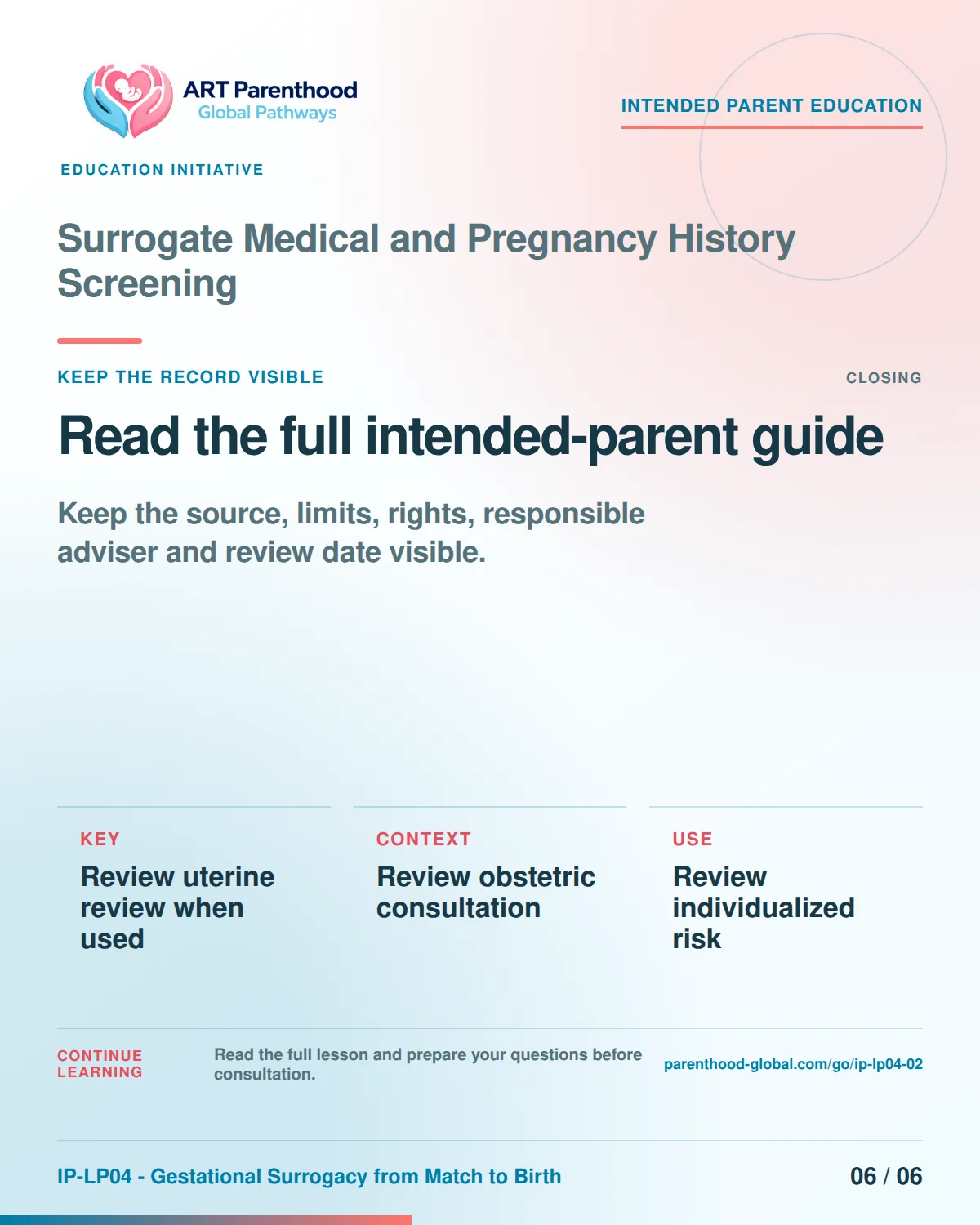 Slide 6 of six for intended parents about Surrogate Medical and Pregnancy History Screening: Save the record and unanswered questions.