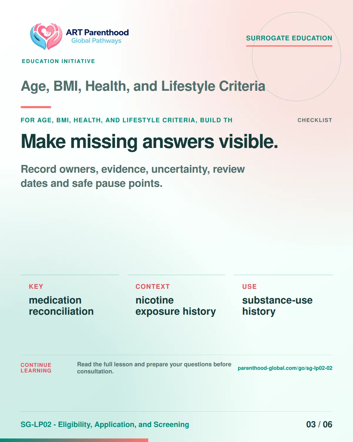 SG-LP02-02 carousel slide 3: Make missing answers visible. A calm planning visual supports surrogate autonomy without implying eligibility, pregnancy or a guaranteed outcome.