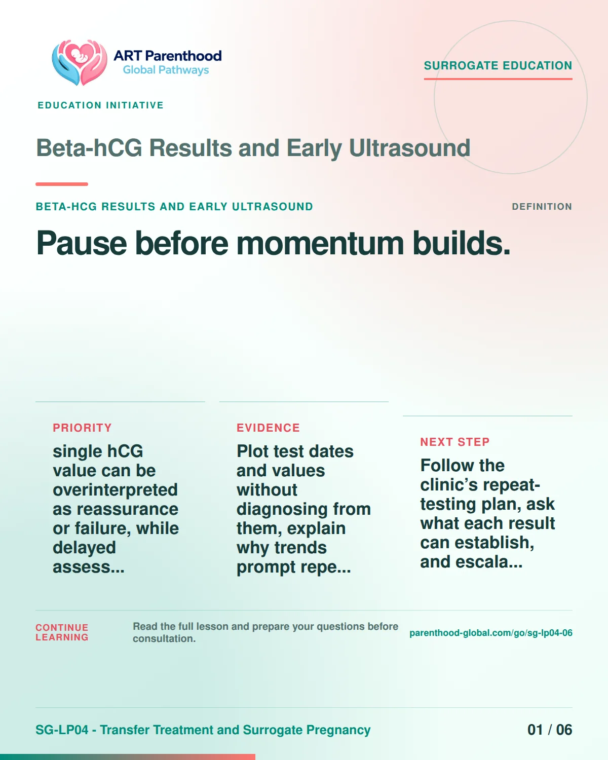 SG-LP04-06 carousel slide 1: Pause before momentum builds. A calm planning visual supports surrogate autonomy without implying eligibility, pregnancy or a guaranteed outcome.