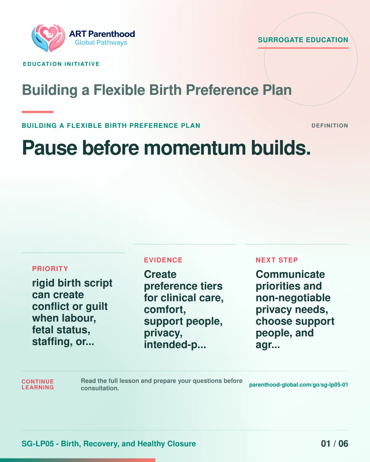 SG-LP05-01 carousel slide 1: Pause before momentum builds. A calm planning visual supports surrogate autonomy without implying eligibility, pregnancy or a guaranteed outcome.
